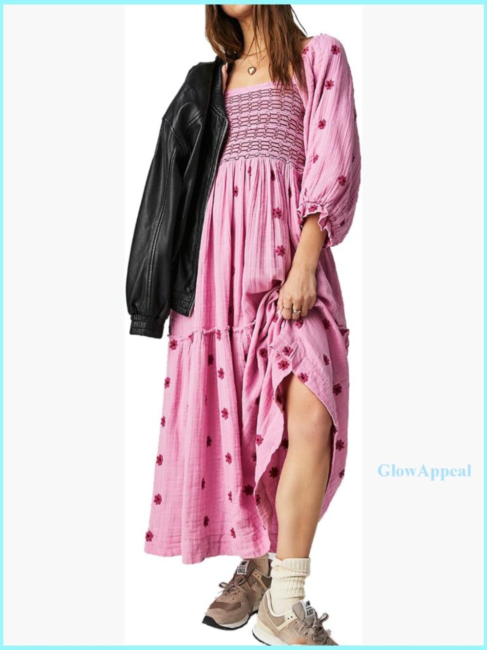 Seersucker Maxi Dress With Embroidered Floral Puff Sleeves And Pockets
